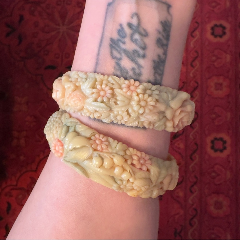 1920’s Vintage Celluloid Floral Bangle/Cuff/Bracelet, Set of Two